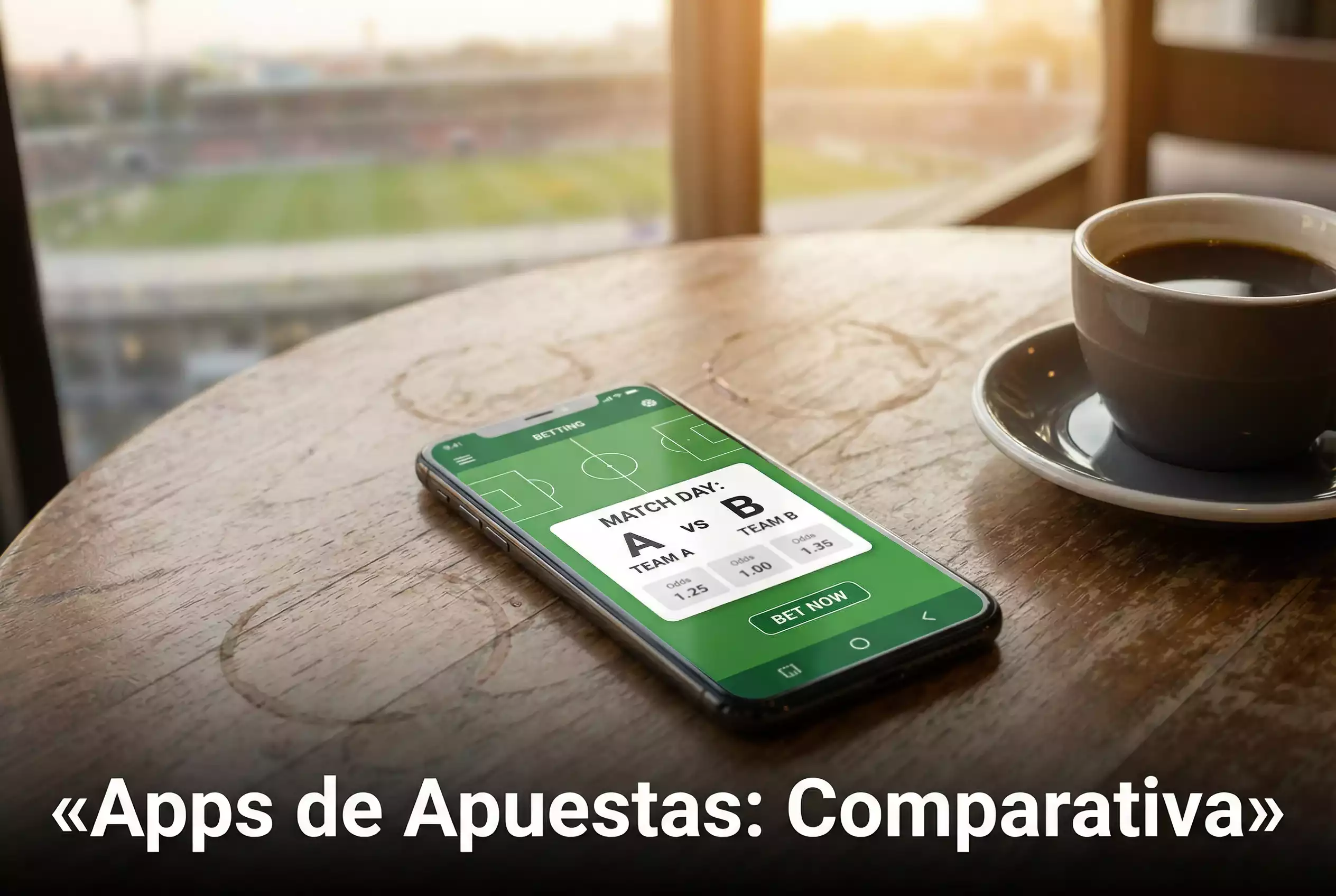 Teléfono móvil con aplicación de apuestas deportivas sobre una mesa junto a un estadio de fondo