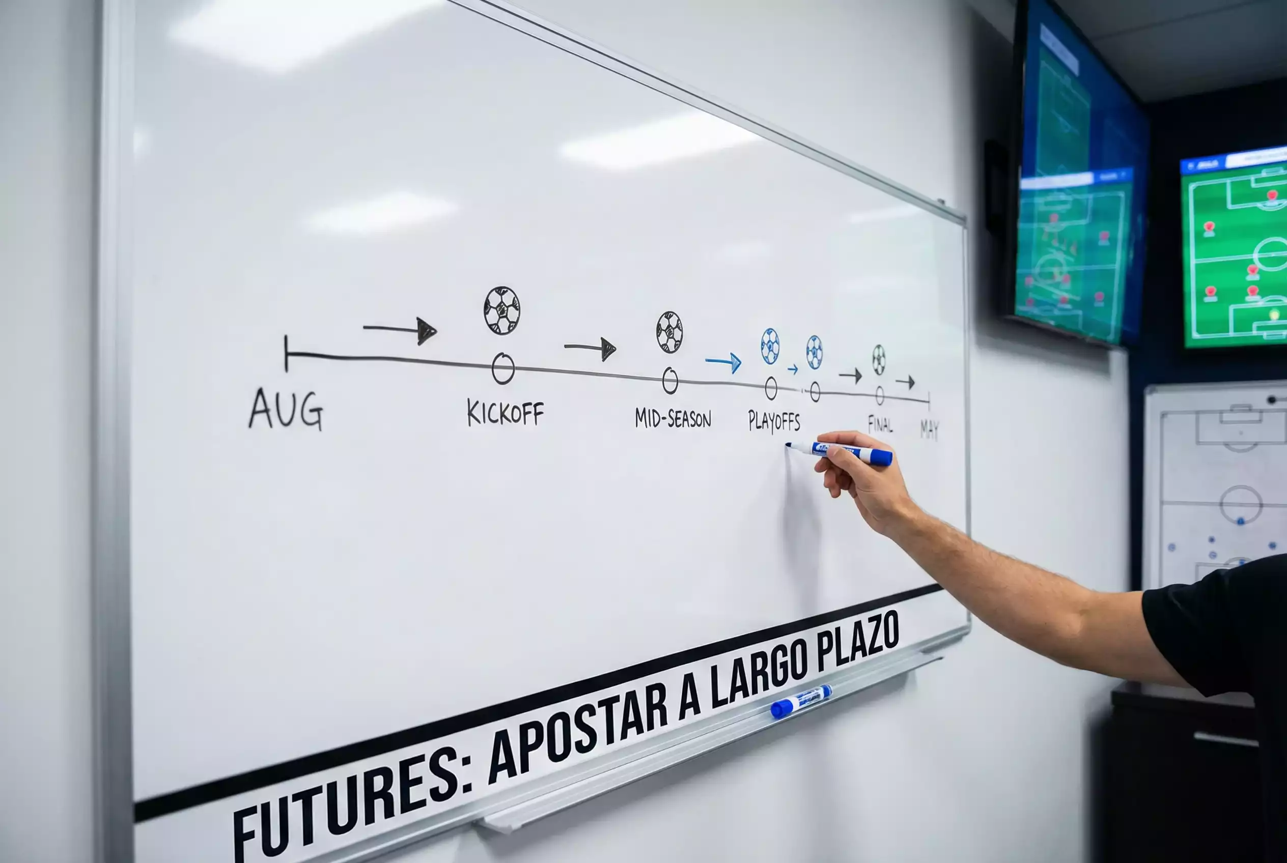 Línea de tiempo de una temporada de LaLiga dibujada en una pizarra con marcadores de partidos clave