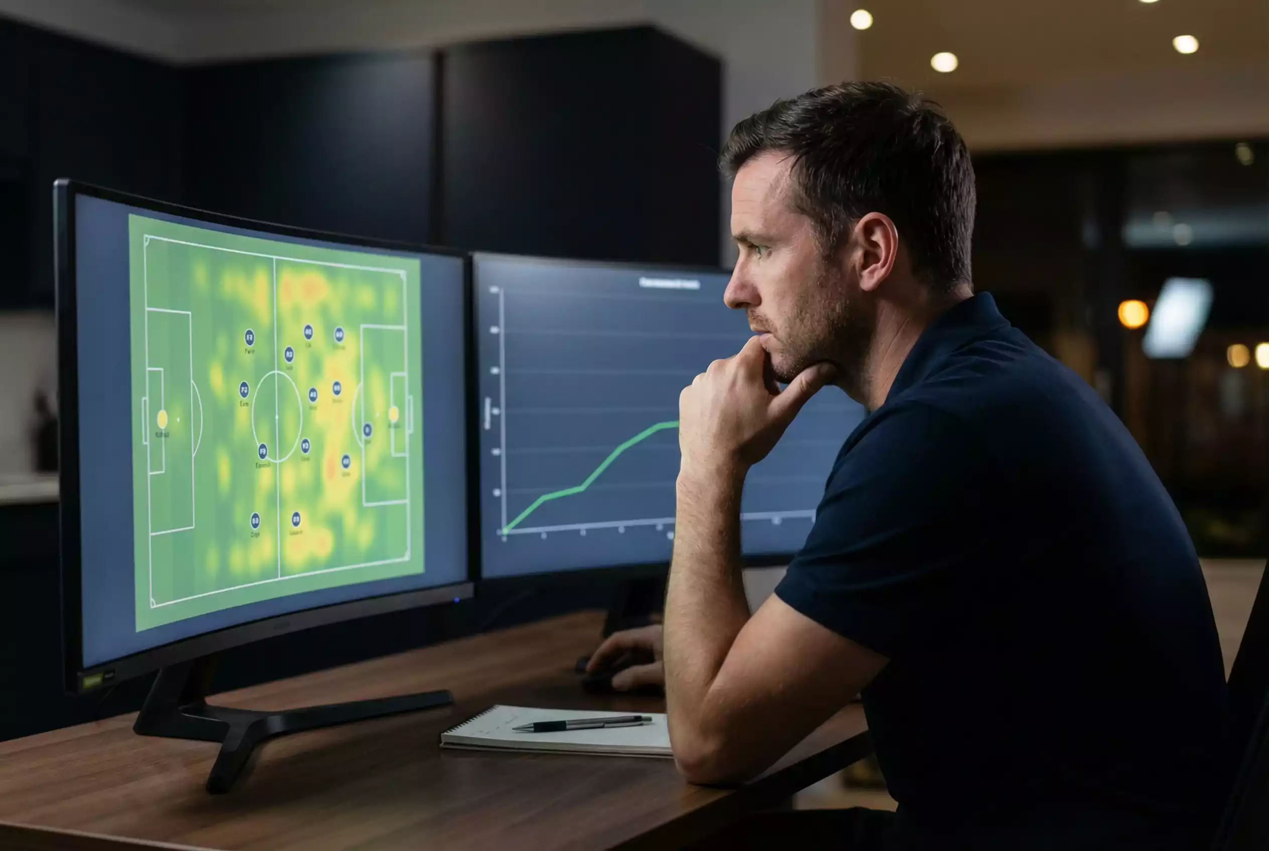 Analista deportivo revisando estadísticas de xG y datos de rendimiento de equipos de LaLiga en una pantalla